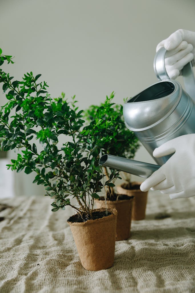 Close-up of a person watering potted plants with a silver can indoors.